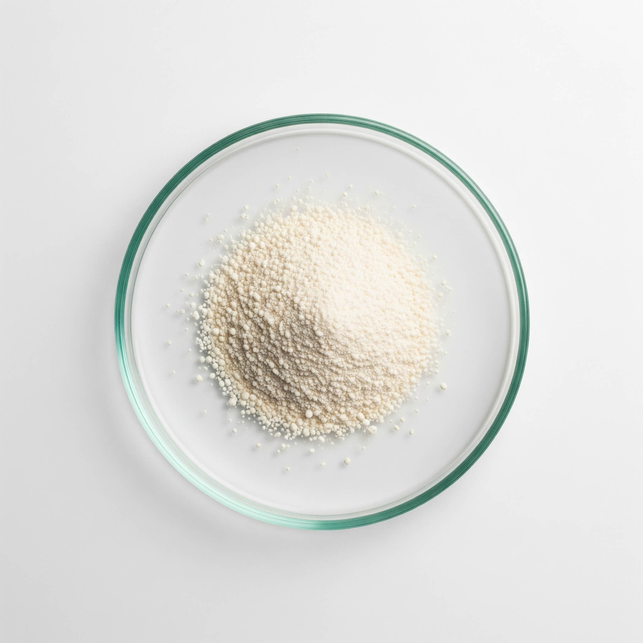 Ceramide NP powder in a glass petri dish on a white background