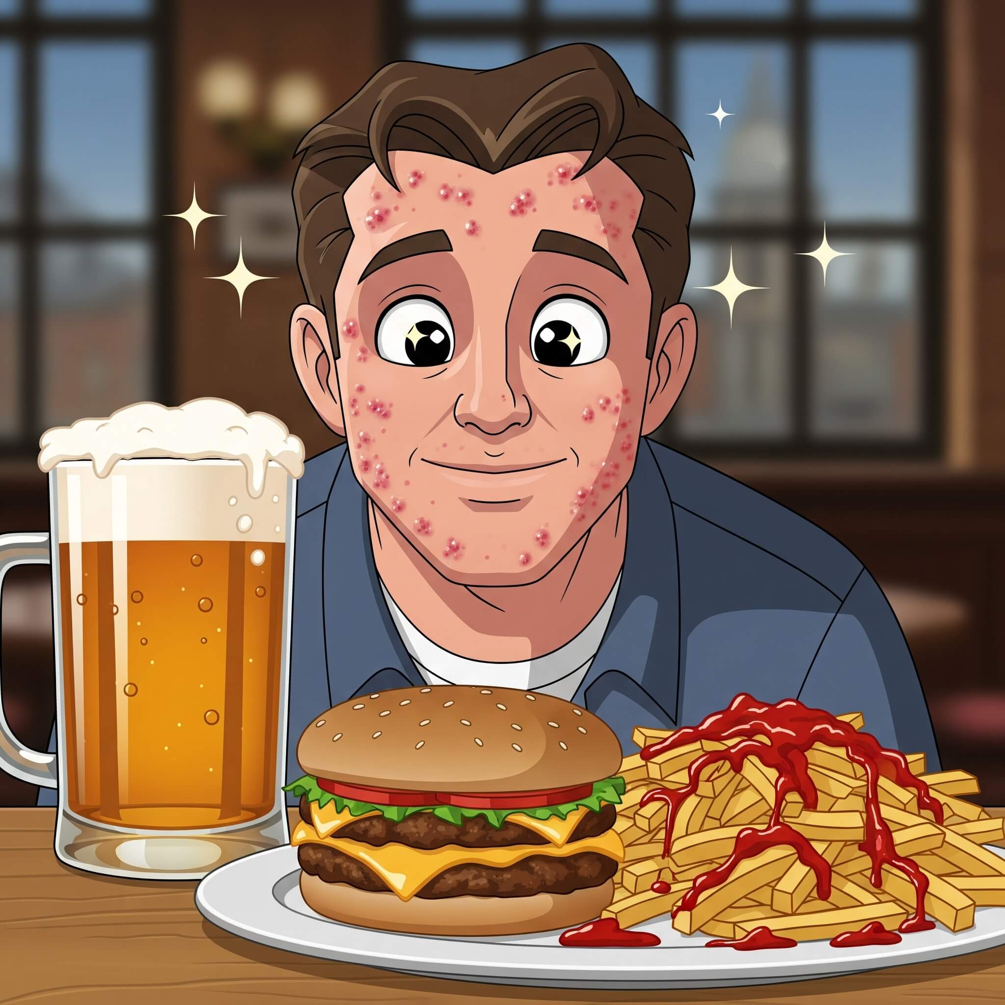 cartoon image of a man staring lovingly at a burger and fries with a glass of beer