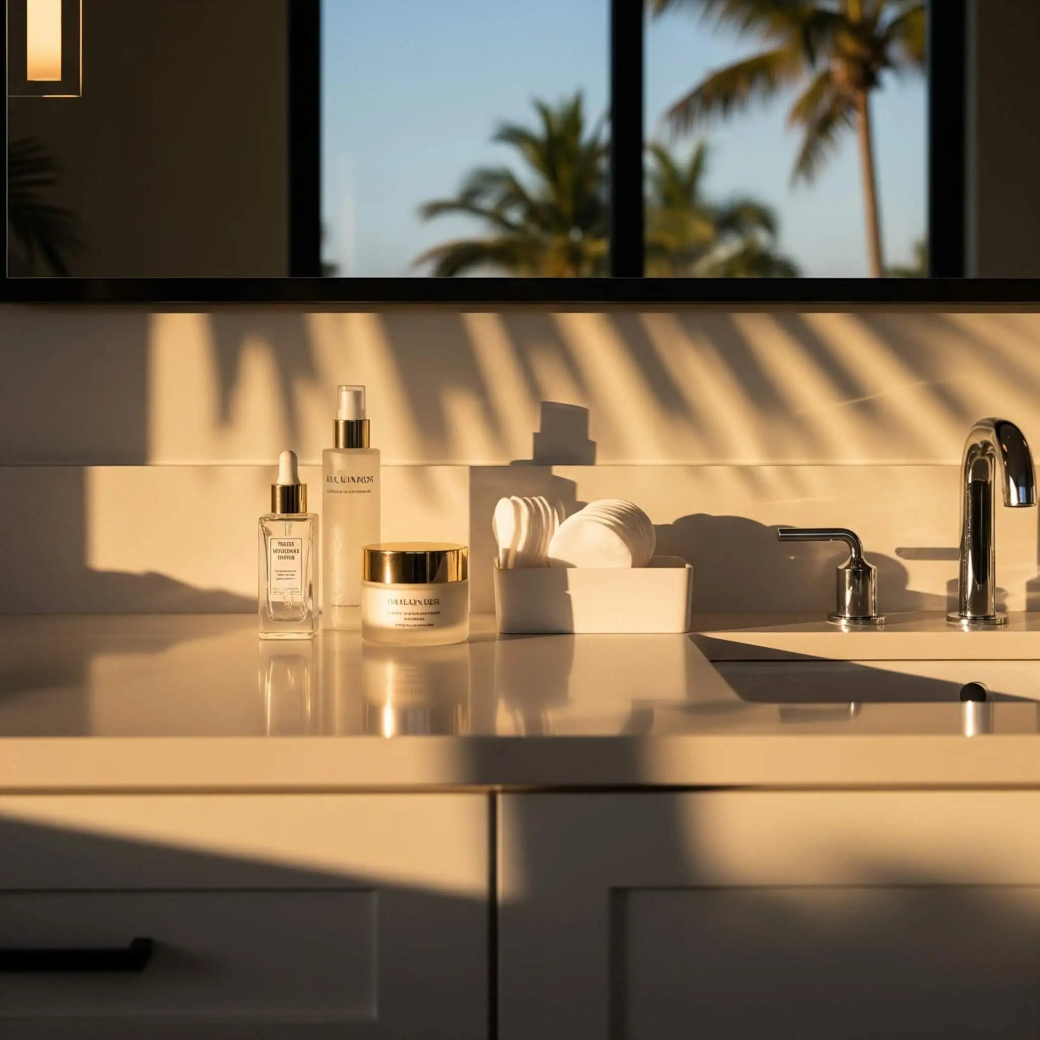 Bathroom vanity with womens korean skincare products