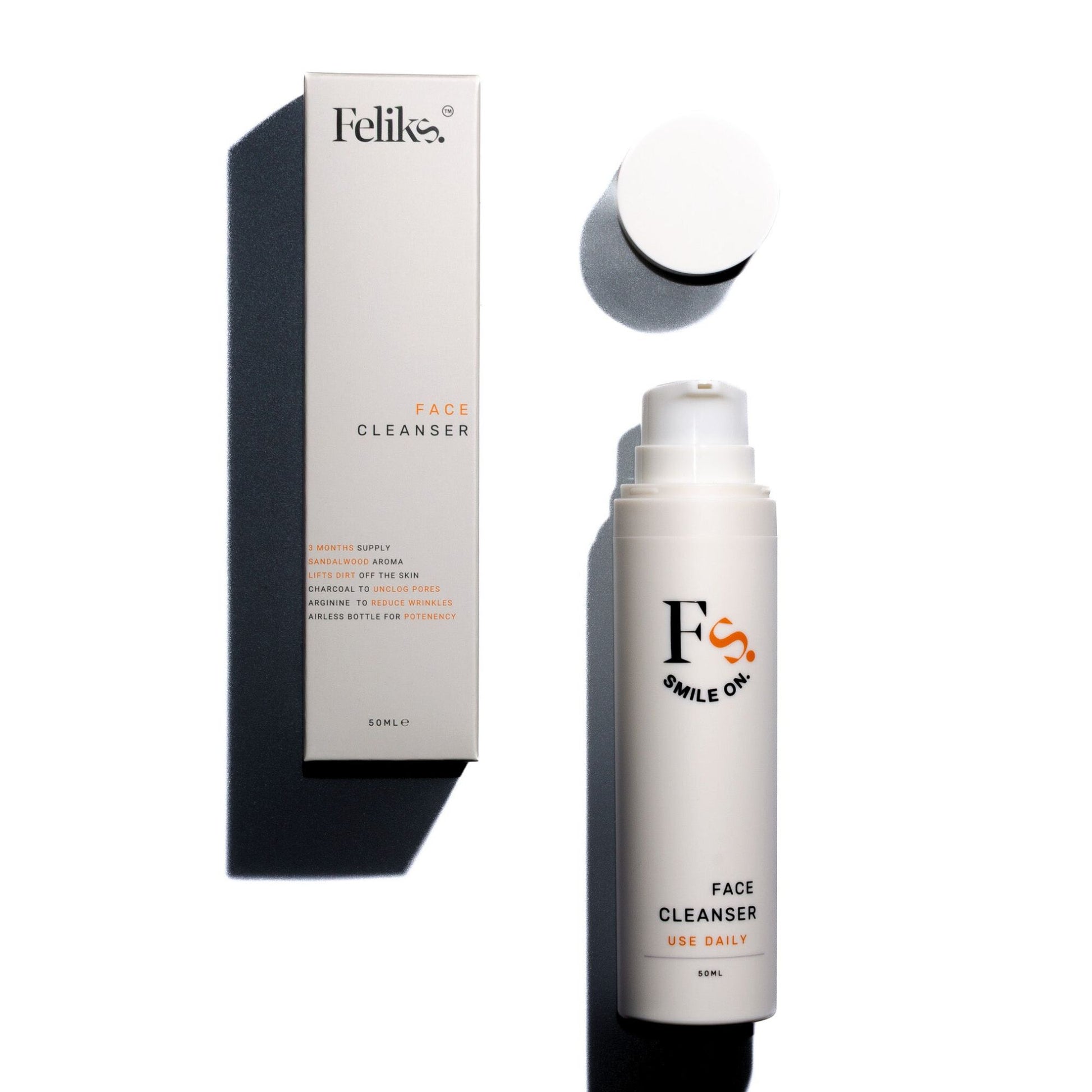 Felike face cleanser bottle and packaging on a white background
