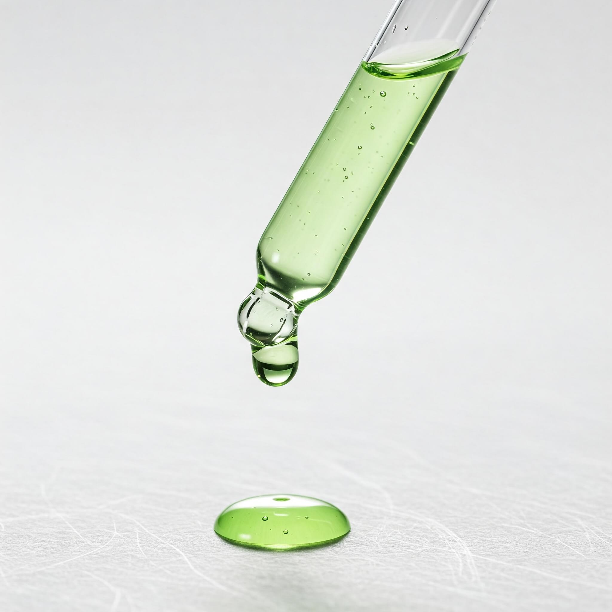 Green Centella Asiatica liquid being dripped from a pipette onto a light gray surface