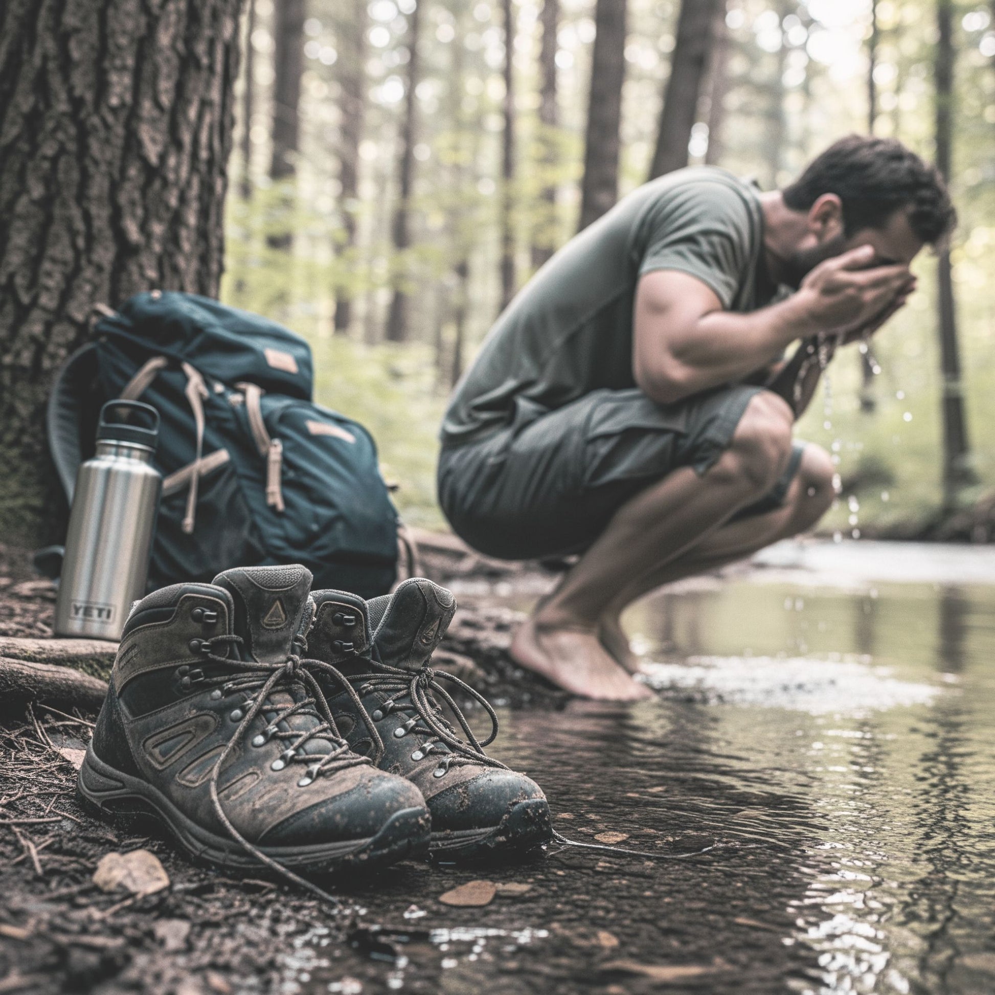 Person crouching by a stream with hiking boots and backpack in a forest setting