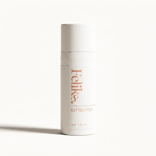 Feliks The Exfoliator, a 30ml AHA and BHA face exfoliator for men, upright against a plain off-white background
